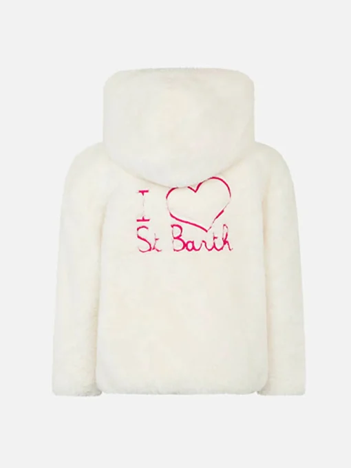 Giacca bianca da bambina con tessuto furry e con ricamo I Love St. Barth