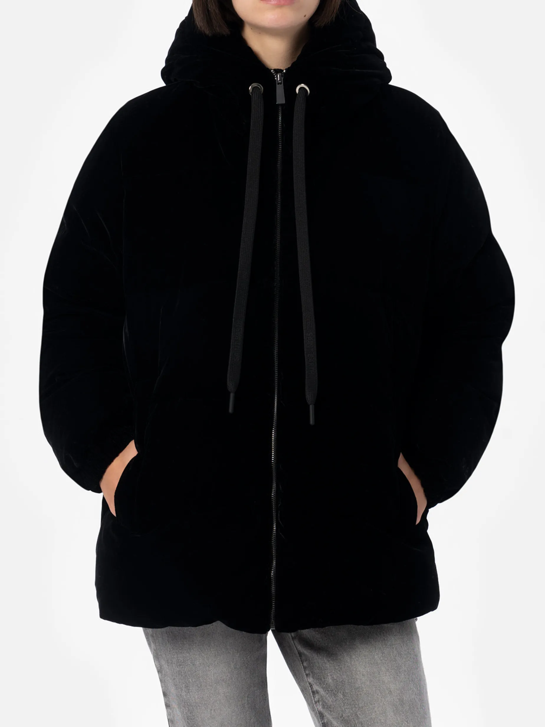 Giacca imbottita con cappuccio in velluto nero da donna