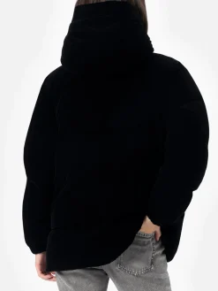 Giacca imbottita con cappuccio in velluto nero da donna