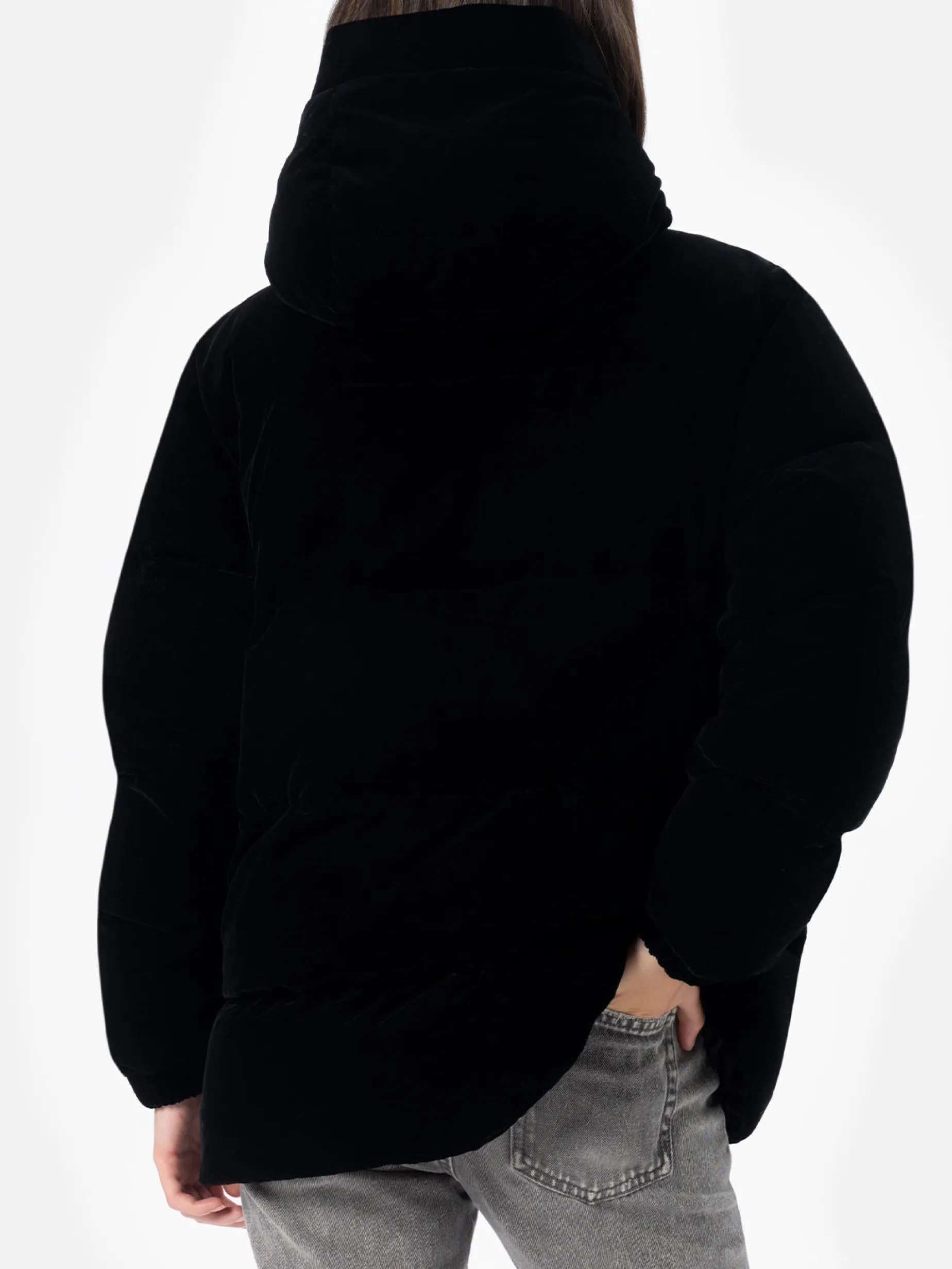 Giacca imbottita con cappuccio in velluto nero da donna