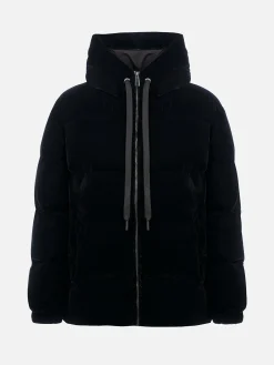 Giacca imbottita con cappuccio in velluto nero da donna