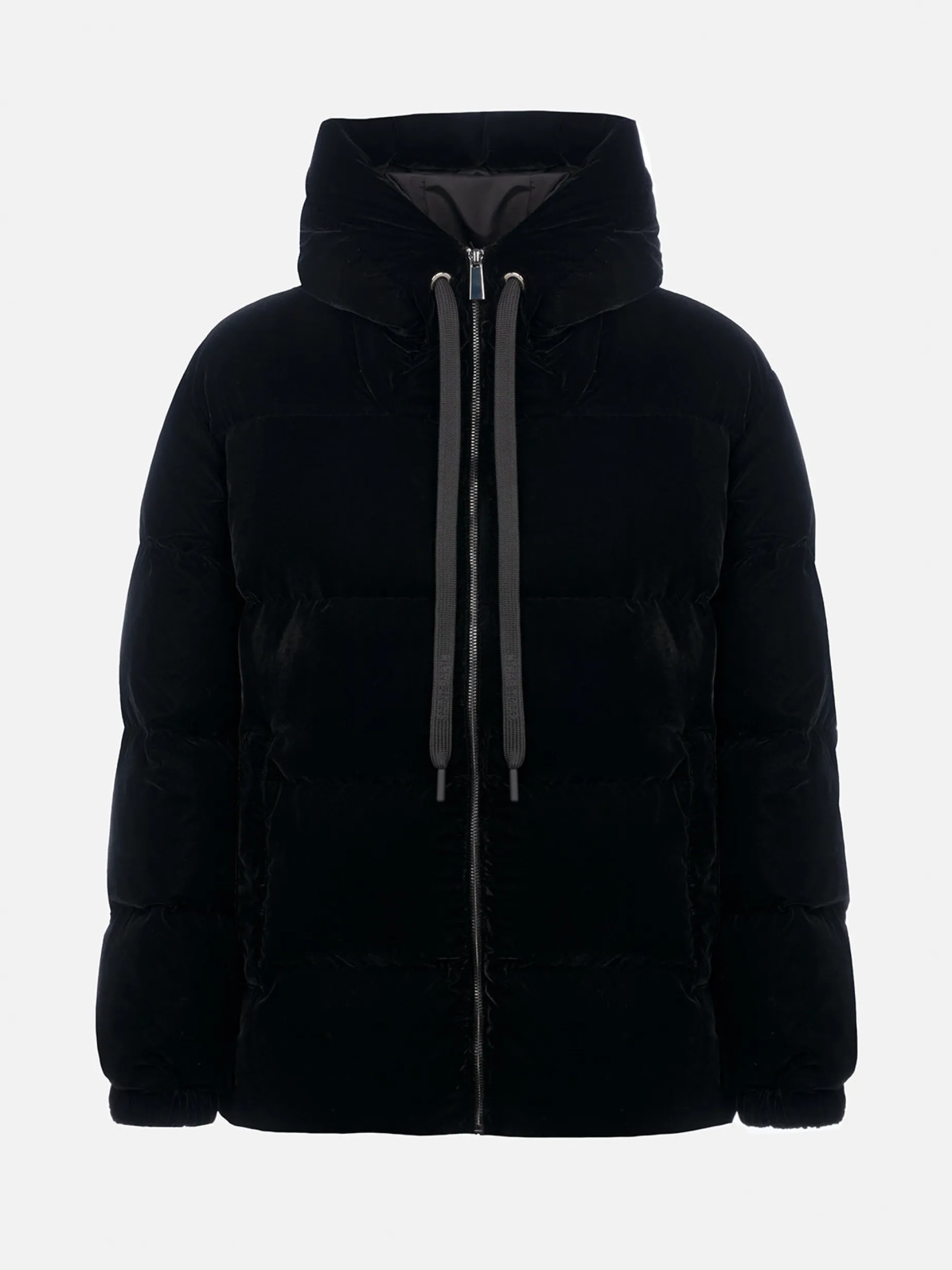 Giacca imbottita con cappuccio in velluto nero da donna