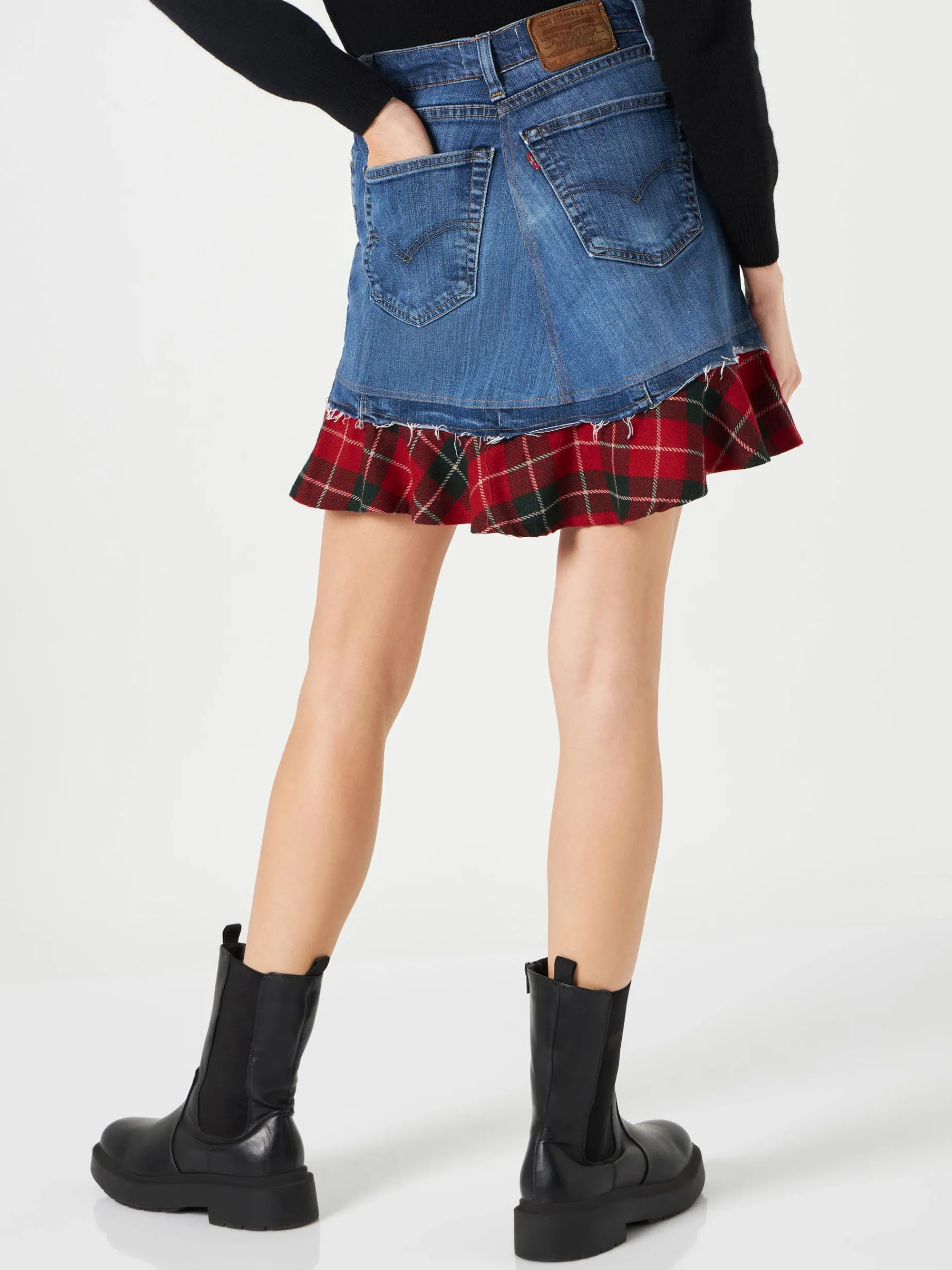 Gonna jeans vintage da donna con dettagli scozzesi