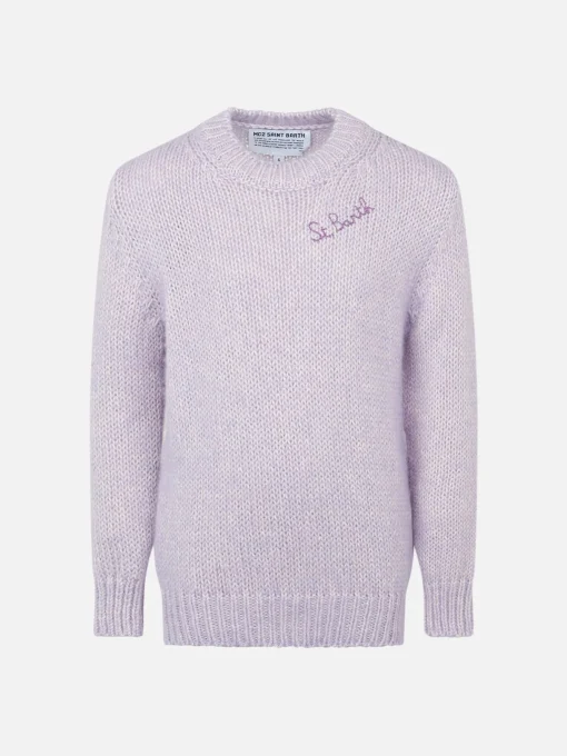 Maglia da bambina girocollo morbida lilla con ricamo St. Barth