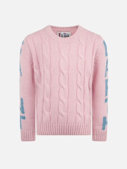 Maglia da bambina girocollo intrecciata con stampa Saint Barth in lurex