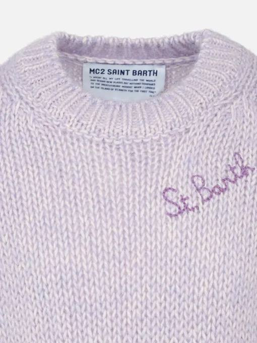 Maglia da bambina girocollo morbida lilla con ricamo St. Barth