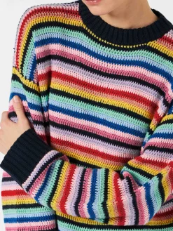 Maglia da donna all'uncinetto a righe multicolore