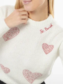 Maglia da donna bianca garzata con cuori in strass