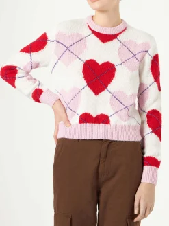 Maglia da donna cropped garzata da donna con fantasia a cuori