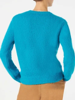 Maglia da donna garzata azzurra con ricamo