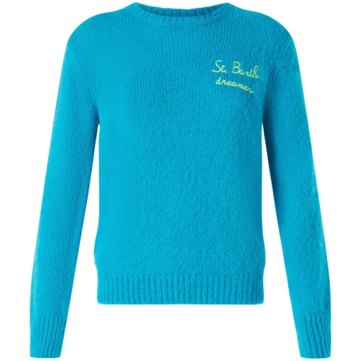 Maglia da donna garzata azzurra con ricamo