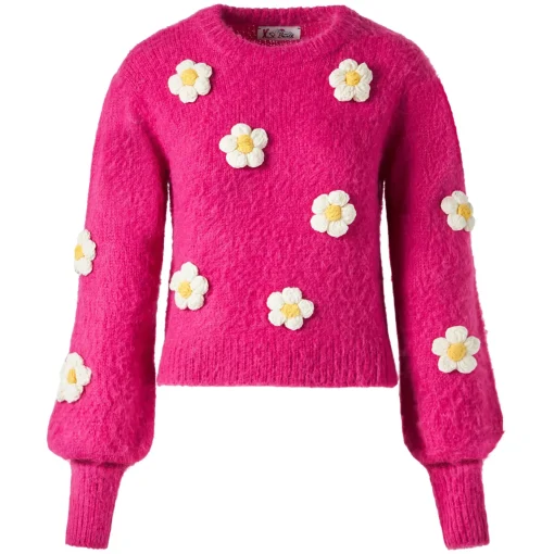 Maglia da donna garzata con applicazioni di fiori all'uncinetto