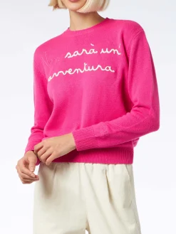 Maglia da donna girocollo rosa fluo con ricamo Non Sarà un'Avventura | EDIZIONE SPECIALE DI NIKI DJ
