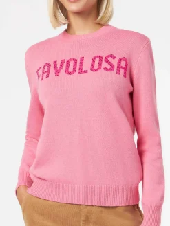 Maglia da donna girocollo rosa con stampa strass Favolosa