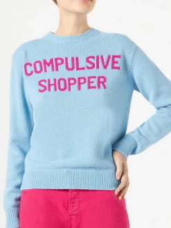 Maglia da donna girocollo di colore azzurro con stampa Compulsive Shopper