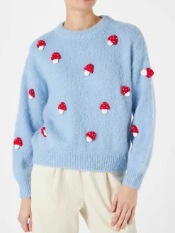 Maglia da donna girocollo garzata con applicazione di funghi
