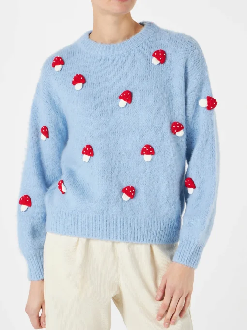 Maglia da donna girocollo garzata con applicazione di funghi