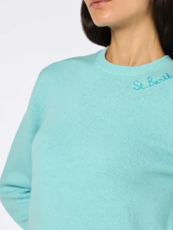 Maglia da donna girocollo verde acqua con ricamo St. Barth