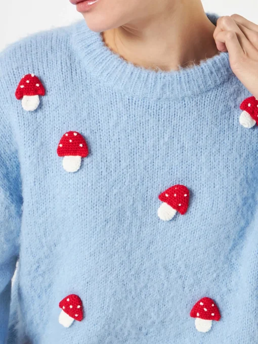 Maglia da donna girocollo garzata con applicazione di funghi