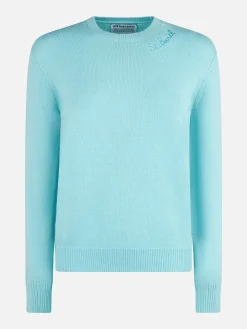 Maglia da donna girocollo verde acqua con ricamo St. Barth
