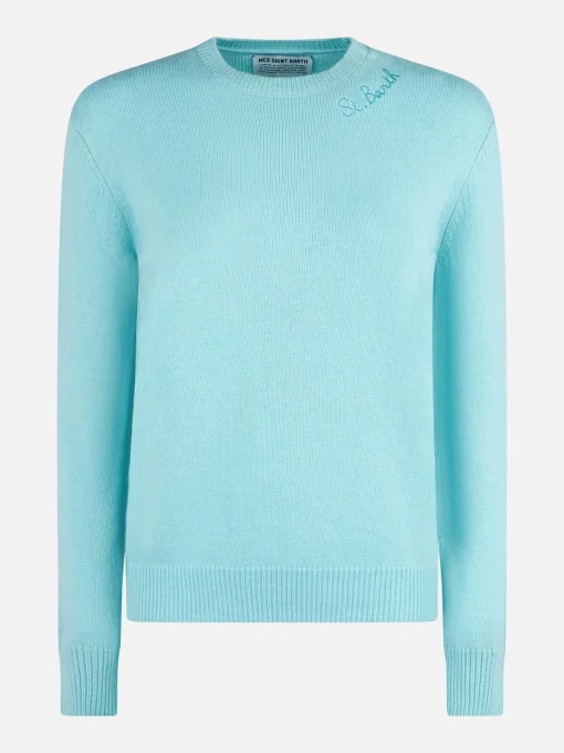 Maglia da donna girocollo verde acqua con ricamo St. Barth