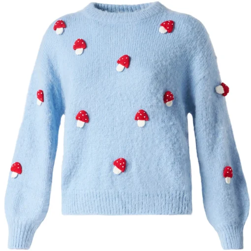 Maglia da donna girocollo garzata con applicazione di funghi