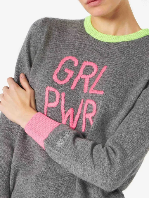 Maglia da donna grigia ricamo GIRL PWR fluo e dettagli fluo