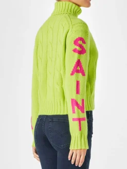 Maglia da donna intrecciata a collo alto giallo fluo
