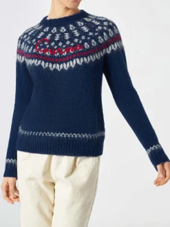 Maglia da donna jacquard nordica girocollo blu navy