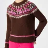 Maglia da donna jacquard nordica girocollo marrone