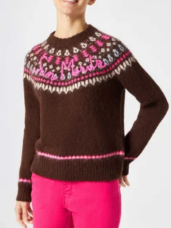 Maglia da donna jacquard nordica girocollo marrone