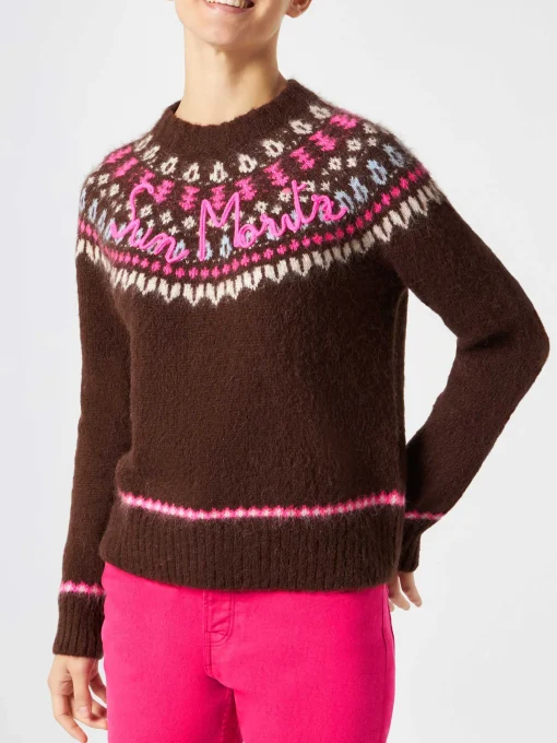 Maglia da donna jacquard nordica girocollo marrone