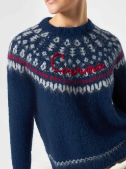 Maglia da donna jacquard nordica girocollo blu navy