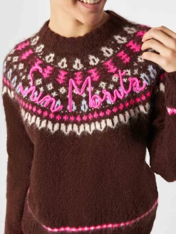 Maglia da donna jacquard nordica girocollo marrone