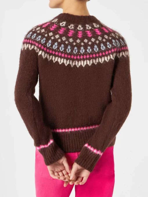Maglia da donna jacquard nordica girocollo marrone