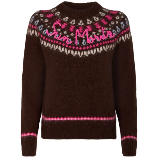 Maglia da donna jacquard nordica girocollo marrone