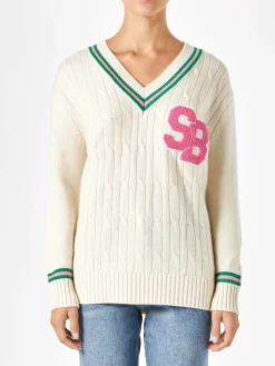 Maglia da donna scollo a v intrecciata con patch