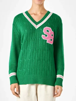 Maglia da donna scollo a v intrecciata con patch
