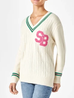 Maglia da donna scollo a v intrecciata con patch