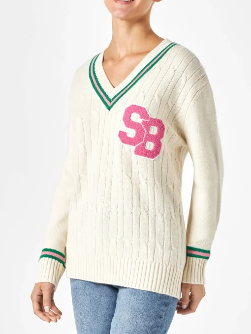 Maglia da donna scollo a v intrecciata con patch