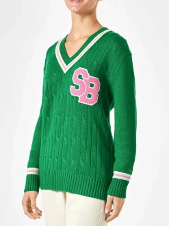Maglia da donna scollo a v intrecciata con patch