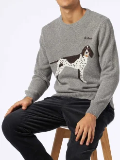 Maglia da uomo girocollo in donegal con stampa jacquard cani country