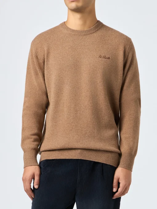 Maglia da uomo girocollo beige con ricamo St. Barth