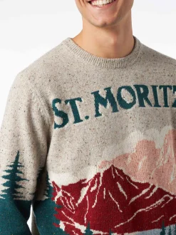 Maglia da uomo girocollo in donegal con stampa jacquard cartolina St. Moritz