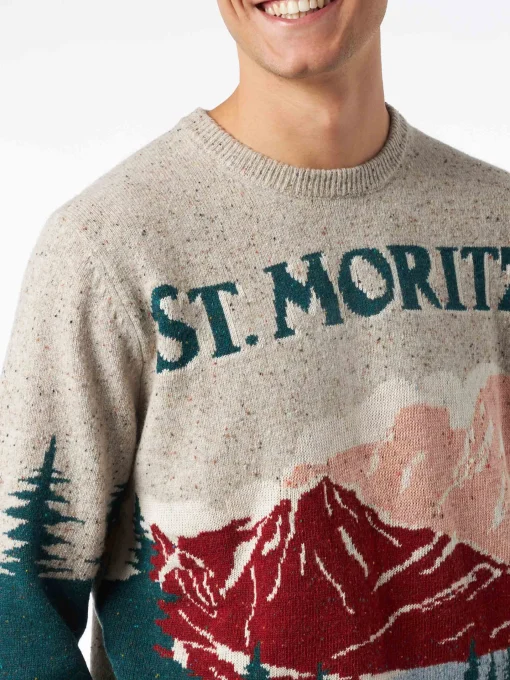 Maglia da uomo girocollo in donegal con stampa jacquard cartolina St. Moritz