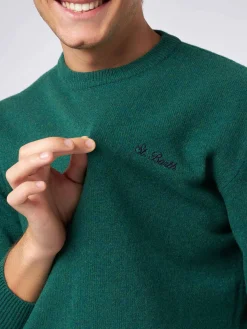 Maglia da uomo girocollo verde con ricamo St. Barth