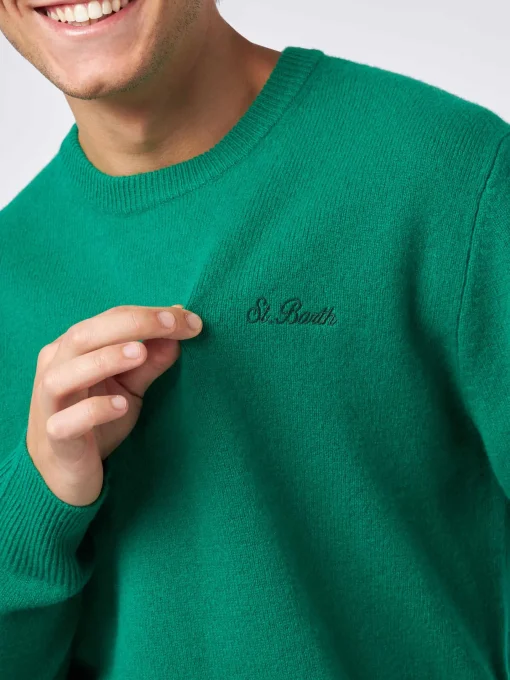 Maglia da uomo girocollo verde con ricamo St. Barth