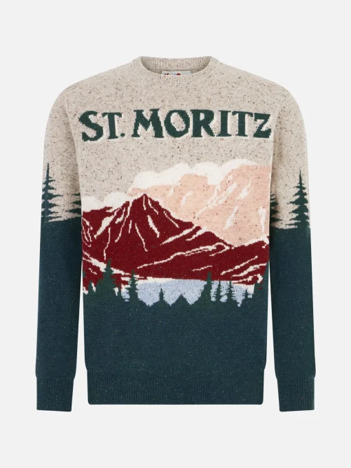 Maglia da uomo girocollo in donegal con stampa jacquard cartolina St. Moritz