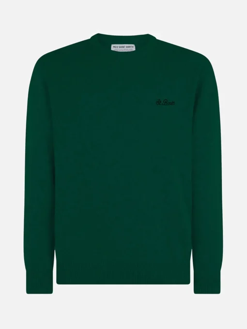 Maglia da uomo girocollo verde con ricamo St. Barth