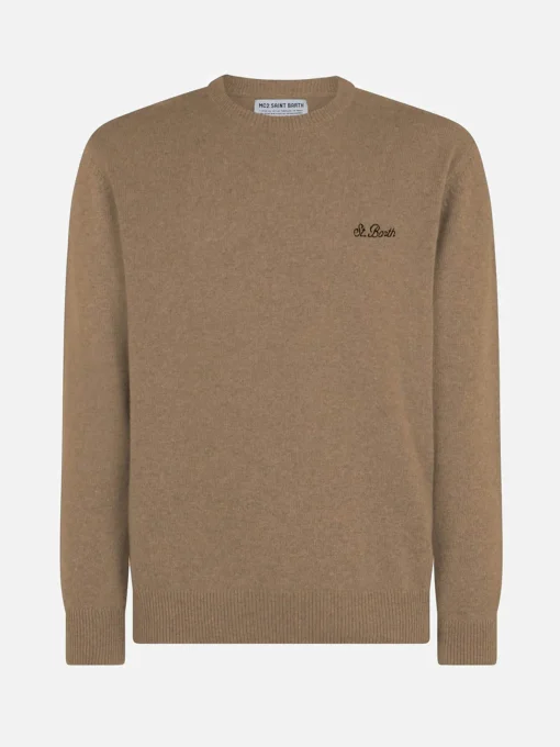 Maglia da uomo girocollo beige con ricamo St. Barth